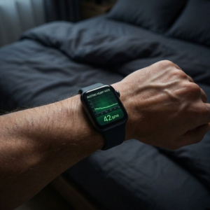 Mann schaut auf seine Smart Watch zum Lesen der Ruheherzfrequenz