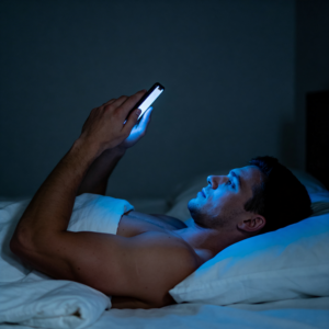 Ein Mann im Bett liegend wird vom blauen Licht seines Smartphones sabotiert.